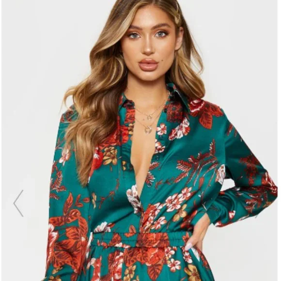 PrettyLittleThing | Tops | Emerald Green Floral Printed Oversized Shirt |  Poshmark